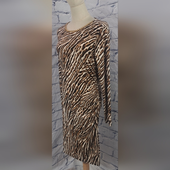 NWT Michael Kors Animal Print Dress Midi Ruched Gold Chain Camel $175 Large - Picture 3 of 13